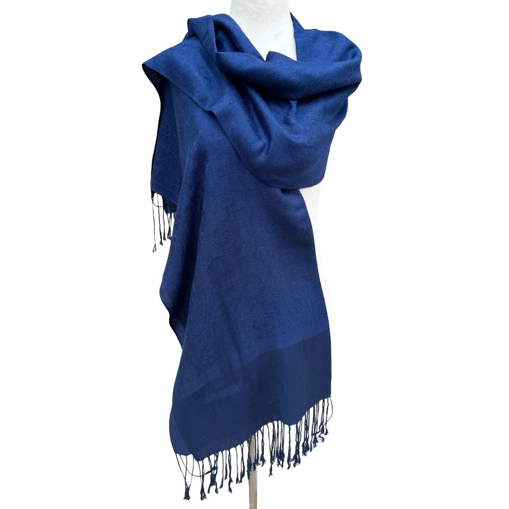 Pashmina Navy Blue Paisley Jacquard Scarf Shawl 100% Pashmina Fringe Wrap Stole